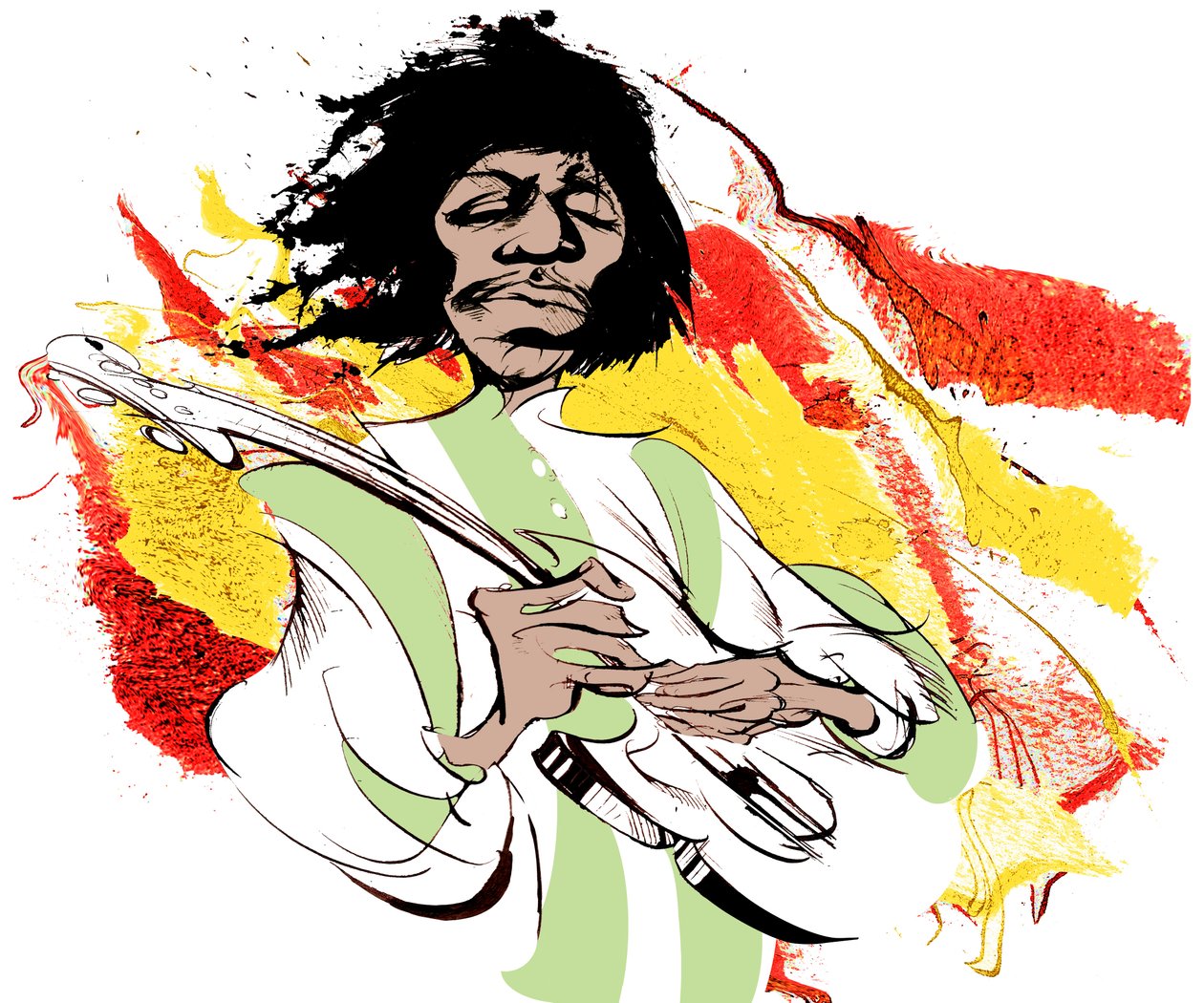 Jimi Hendrix, amerikansk gitarrist (1942-70), färgkarikatyr av Neale Osborne