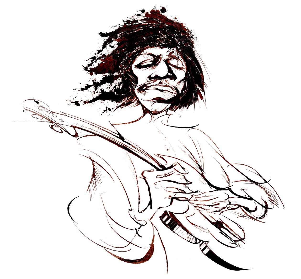Jimi Hendrix, amerikansk gitarrist (1942-70), sepia-karikatyr av Neale Osborne