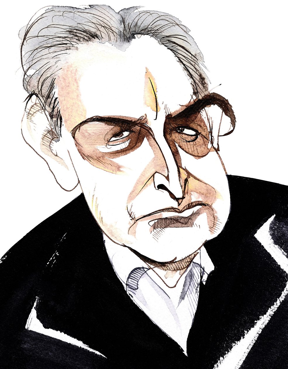 John Banville, irländsk romanförfattare och manusförfattare; kriminalförfattare under pseudonymen Benjamin Black; karikatyr av Neale Osborne