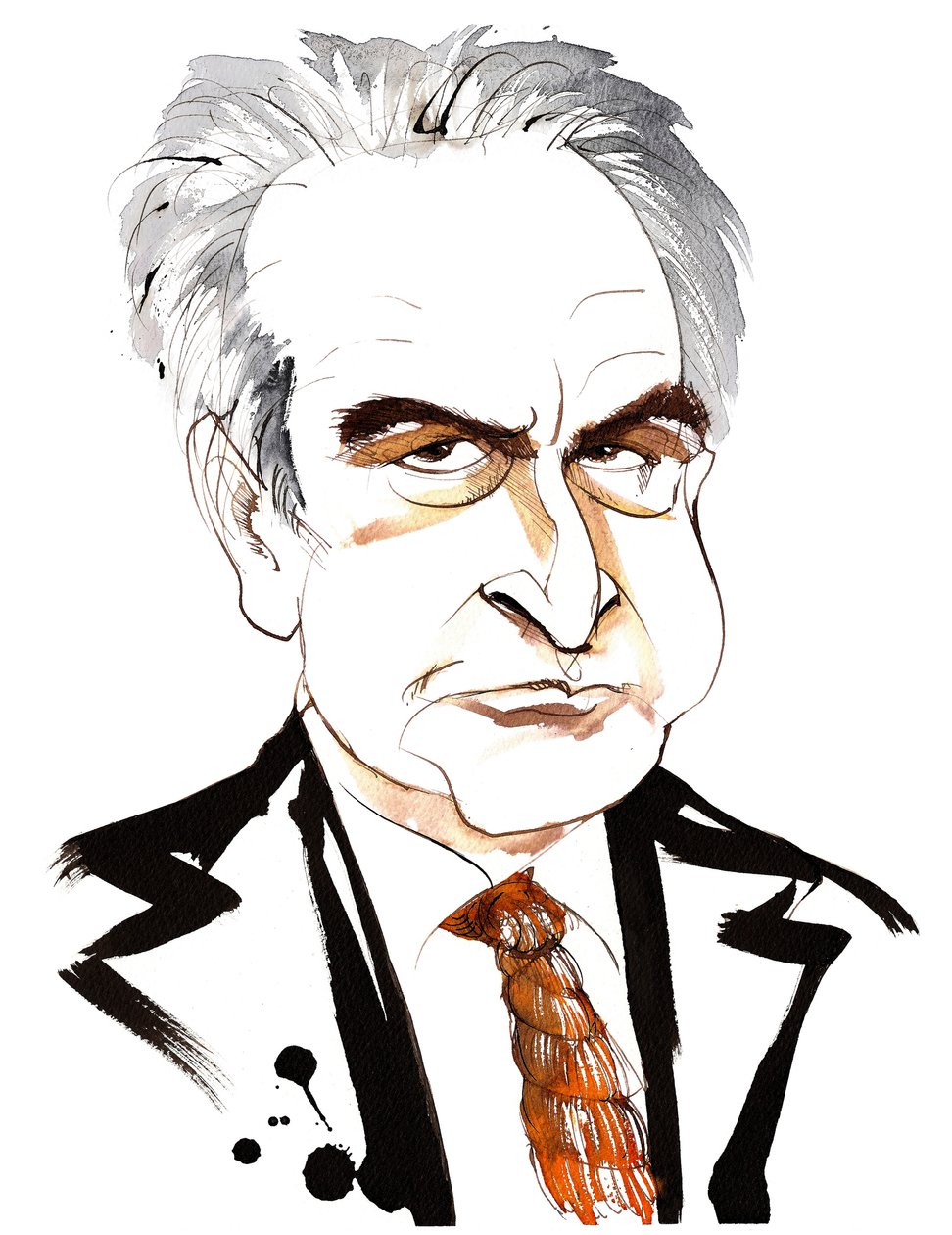 John Banville, irländsk romanförfattare och manusförfattare; kriminalförfattare under pseudonymen Benjamin Black; karikatyr med snara slips av Neale Osborne