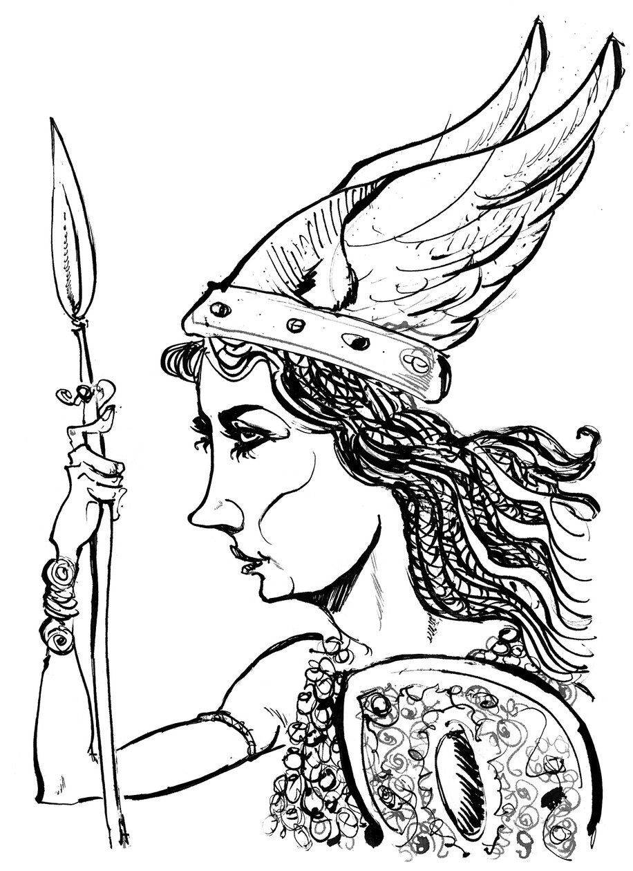Kirsten Flagstad i rollen som Brünnhilde från Richard Wagners opera Die Walküre (tysk kompositör 1813-83); svartvit karikatyr. av Neale Osborne