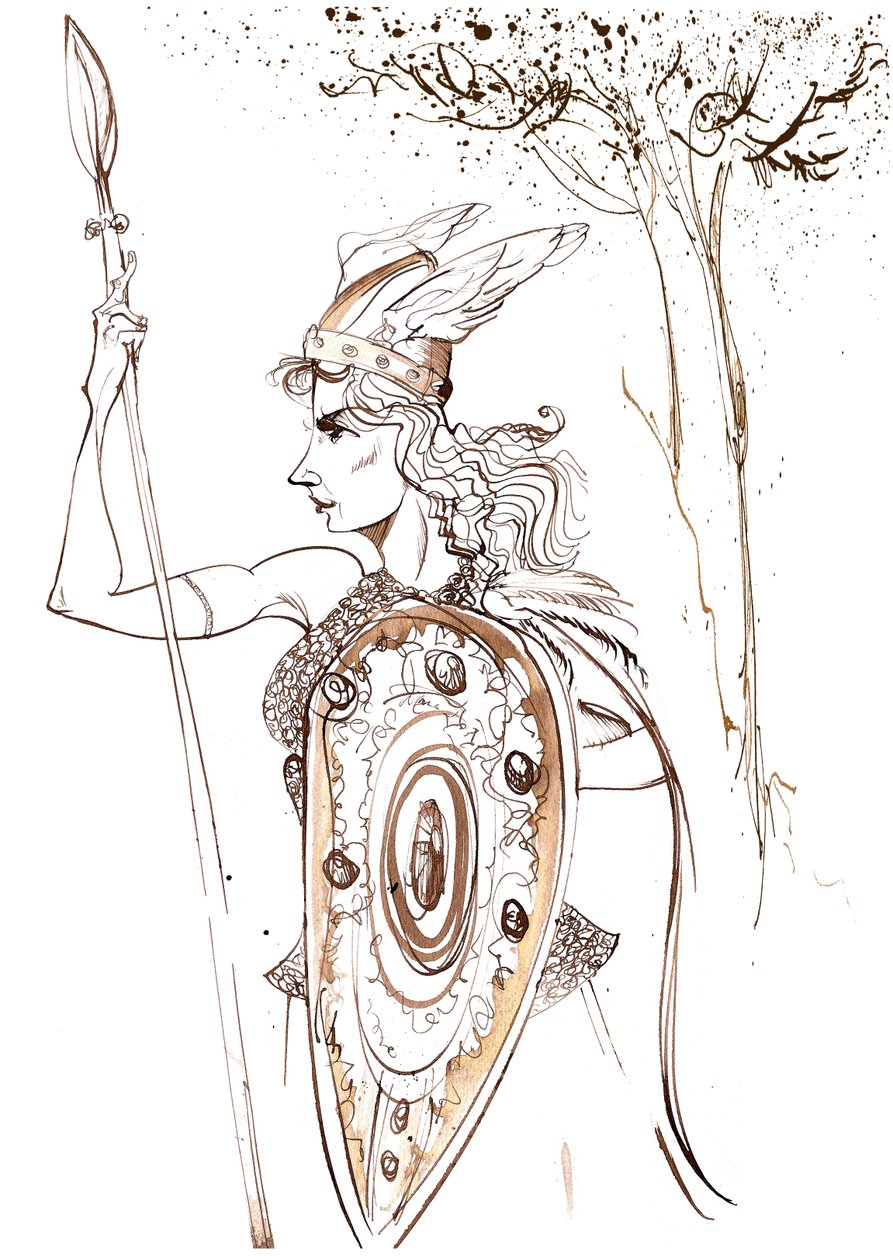 Kirsten Flagstad som Brünnhilde från operan Die Walküre av Richard Wagner (tysk kompositör 1813-83); sepia karikatyr av Neale Osborne