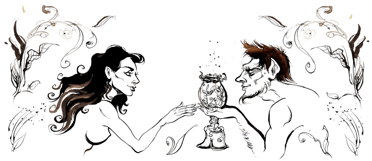Margarita möter den getbeniga mannen från Mästaren och Margarita av Michail Bulgakov (rysk dramatiker och författare, 1891-1940); bläckritning, 2015 av Neale Osborne