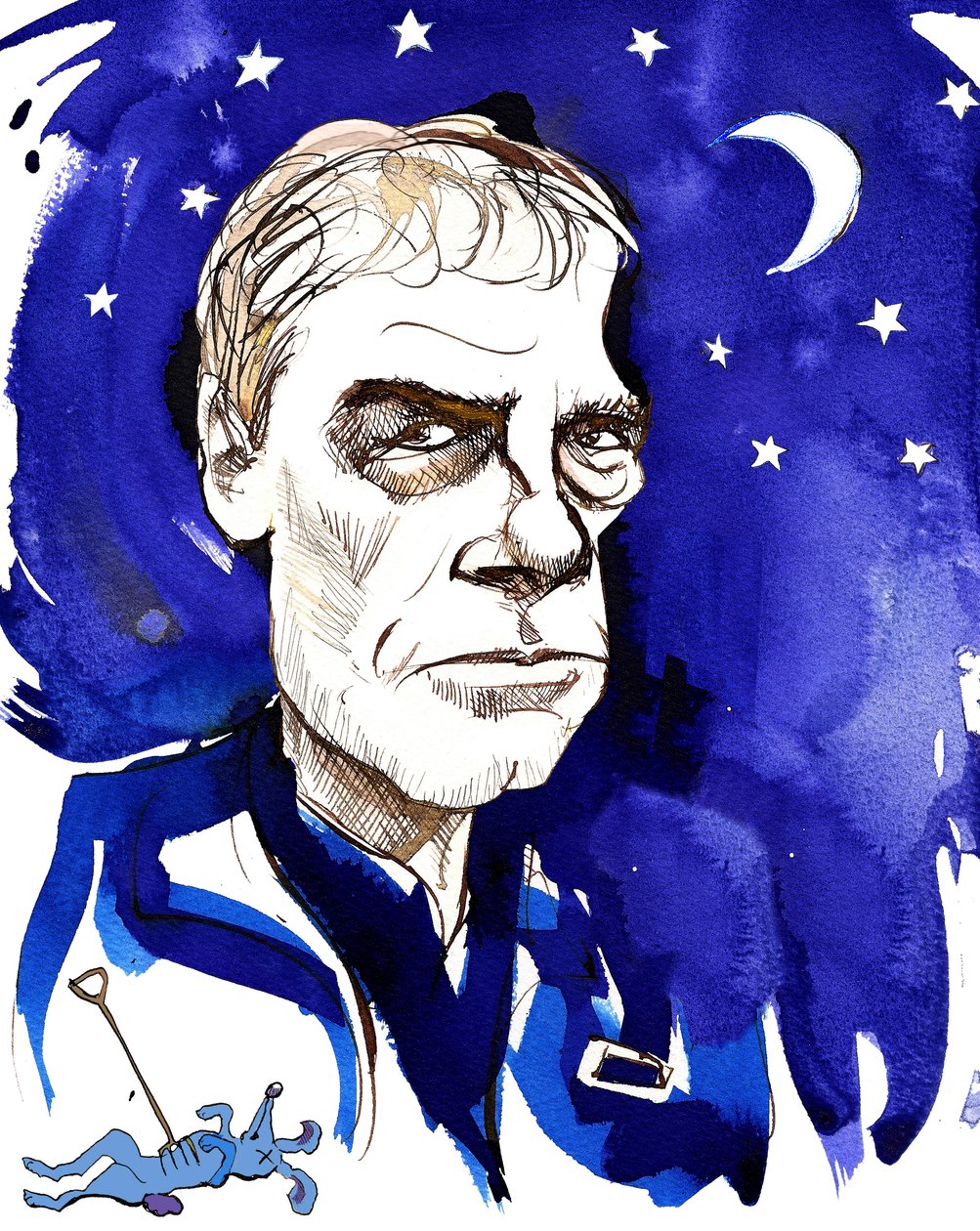 Mark Haddon, engelsk författare; karikerad med hänvisning till hans roman från 2003 The Curious Incident of the Dog in the Night-Time av Neale Osborne