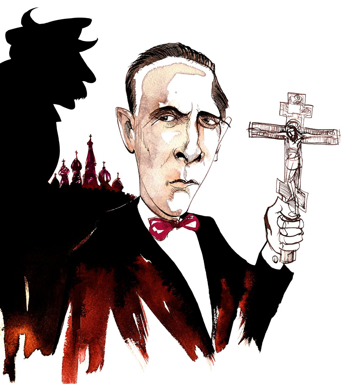 Mikhail Bulgakov, rysk författare och dramatiker; karikerad i skuggan av diktatorn Joseph Stalin, med ett krucifix med hänvisning till Bulgakovs roman Mästaren och Margarita (1928-40) av Neale Osborne
