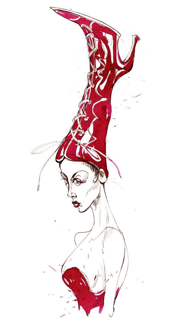 Röd hög stövelhatt: från en serie inspirerad av Elsa Schiaparelli är en skoformad hatt av Neale Osborne