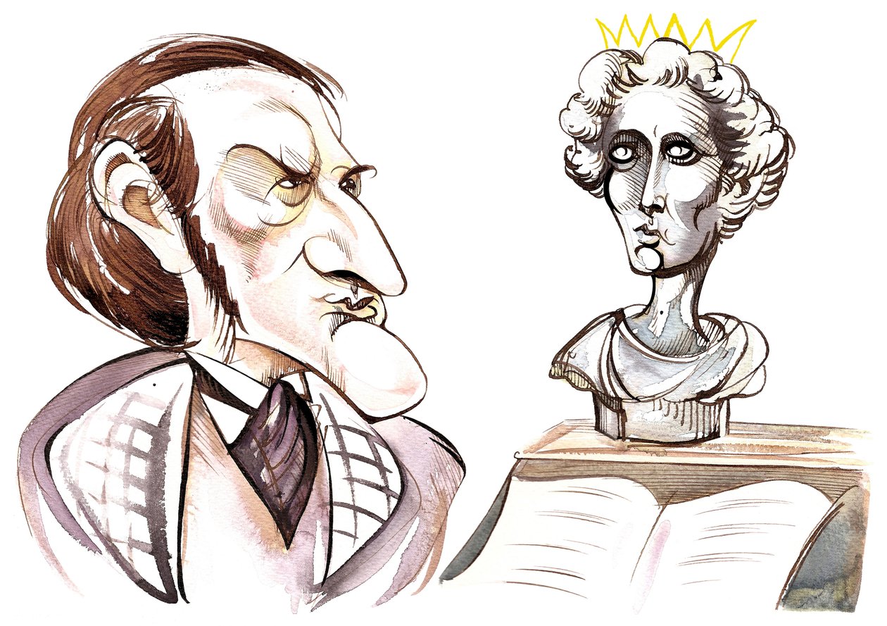 Richard Wagner - karikatyr av den tyske kompositören med en byst av den galne kung Ludwig II av Bayern (1845-86) av Neale Osborne