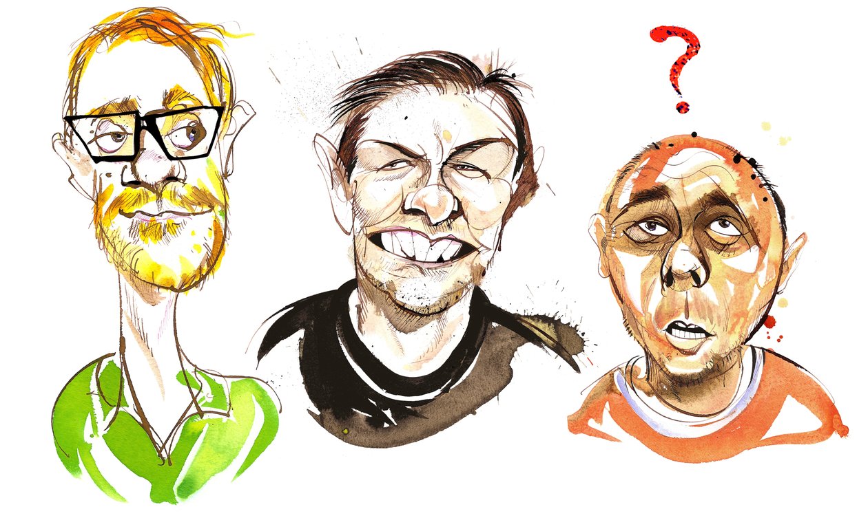 The Ricky Gervais Show med engelska komediskådespelare: Stephen Merchant , Ricky Gervais och Karl Pilkington av Neale Osborne