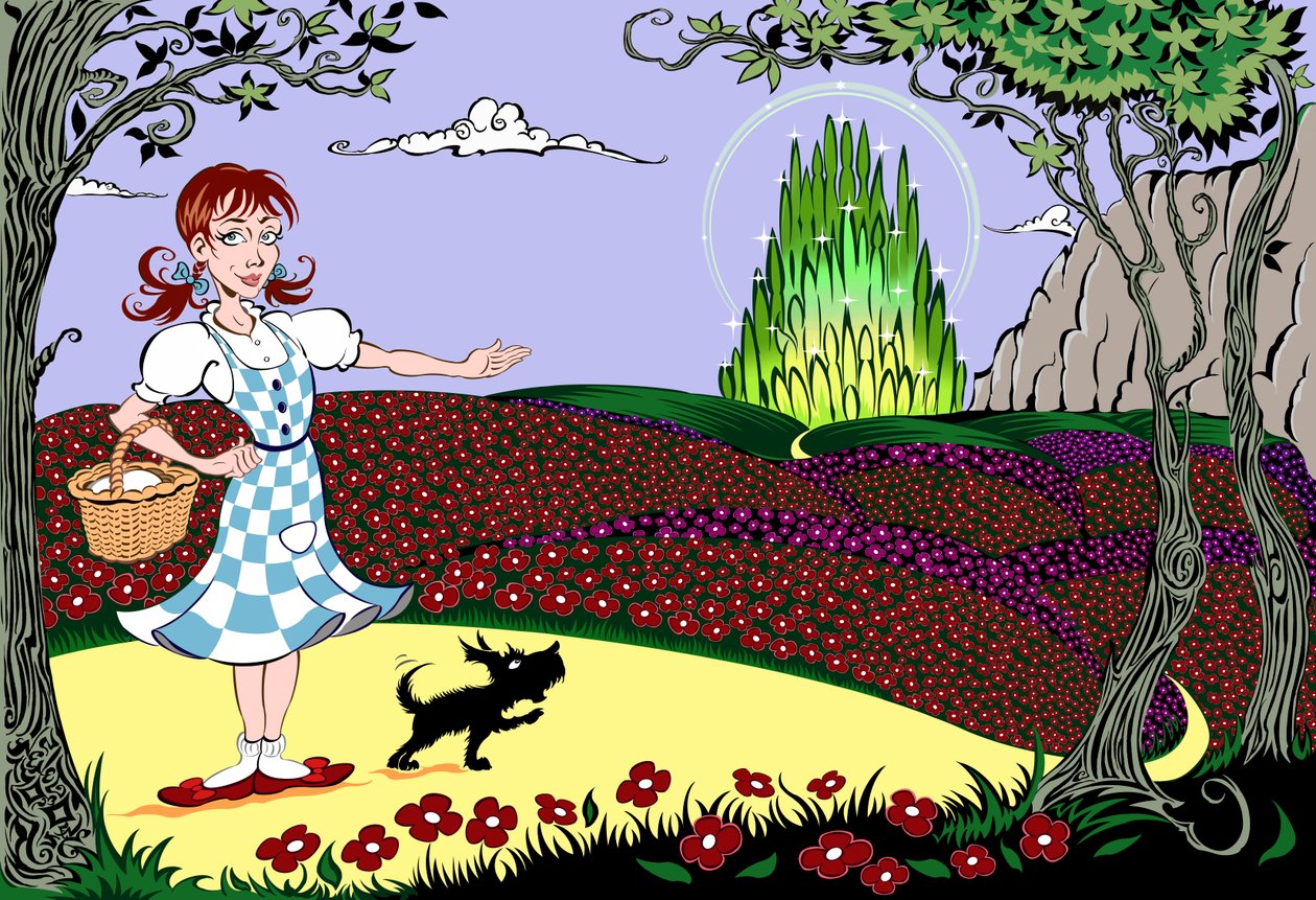 The Wonderful Wizard of Oz: Dorothy och Toto på Yellow Brick Road på väg till Emerald City av Neale Osborne