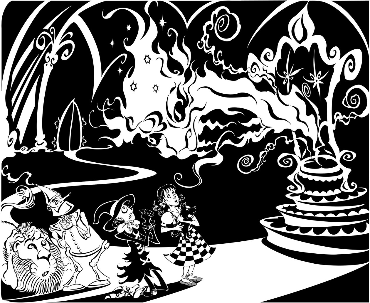 The Wonderful Wizard of Oz: The Great Oz, talar till Dorothy, Scarecrown, Tin Man, the Lion och Toto av Neale Osborne