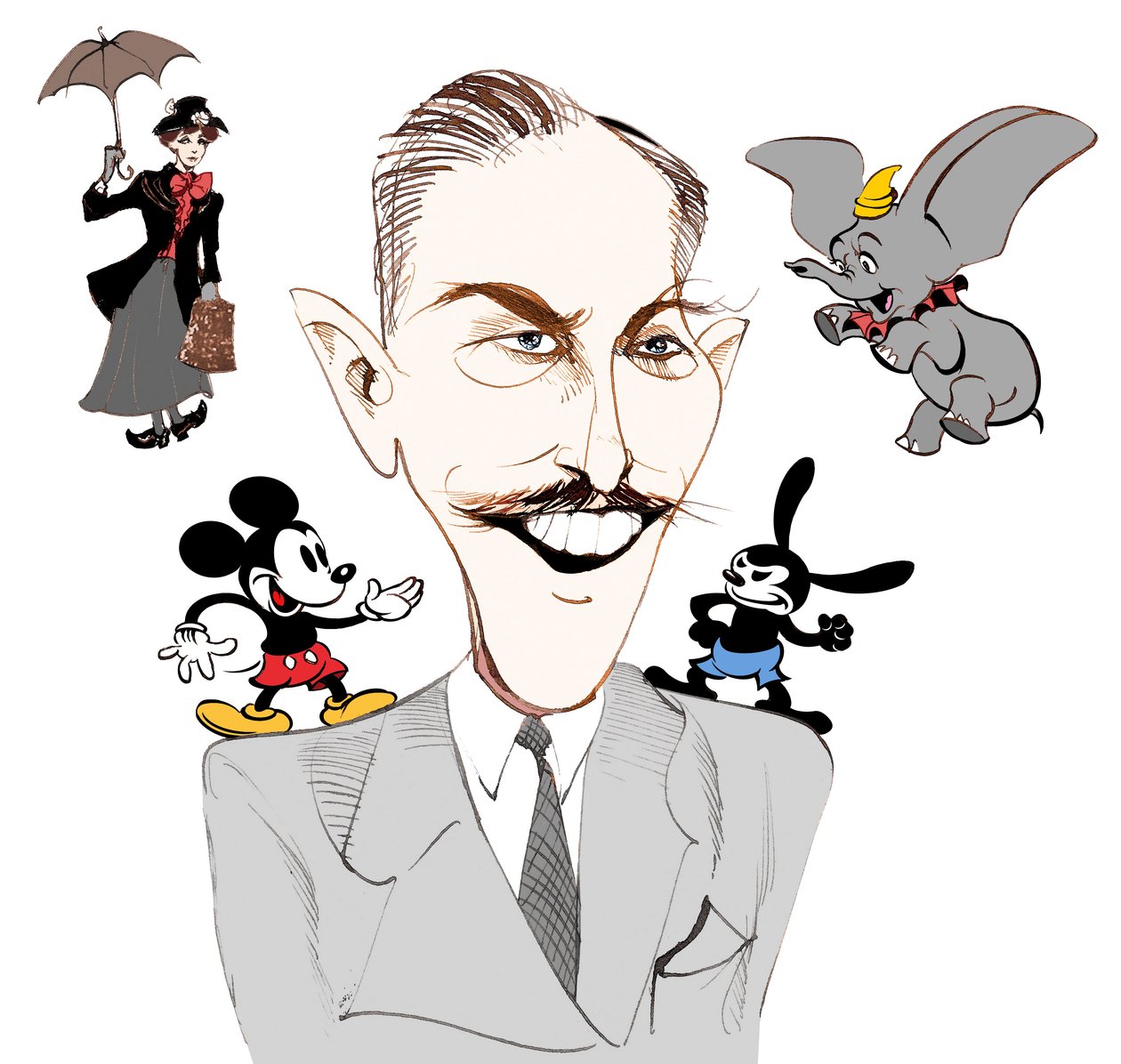 Walt Disney, amerikansk filmproducent, affärsmagnat, serietecknare och animatör; karikerad med Mary Poppins av Neale Osborne