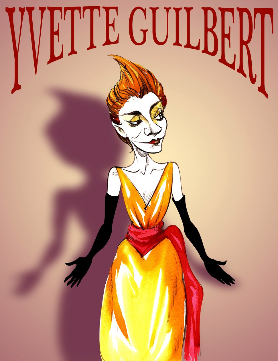 Yvette Guilbert, fransk skådespelerska och kabarésångerska (1867-1944), karikatyr, med bokstäver i stil med en belle epoque-affisch. av Neale Osborne