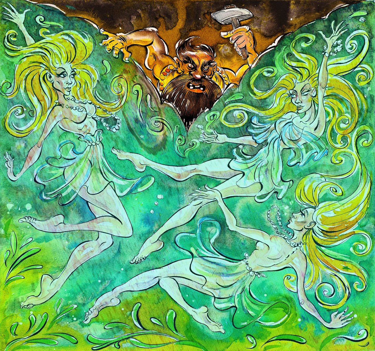 Alberich och Rhinmaidens - illustration av "Das Rheingold" av Neale Osborne