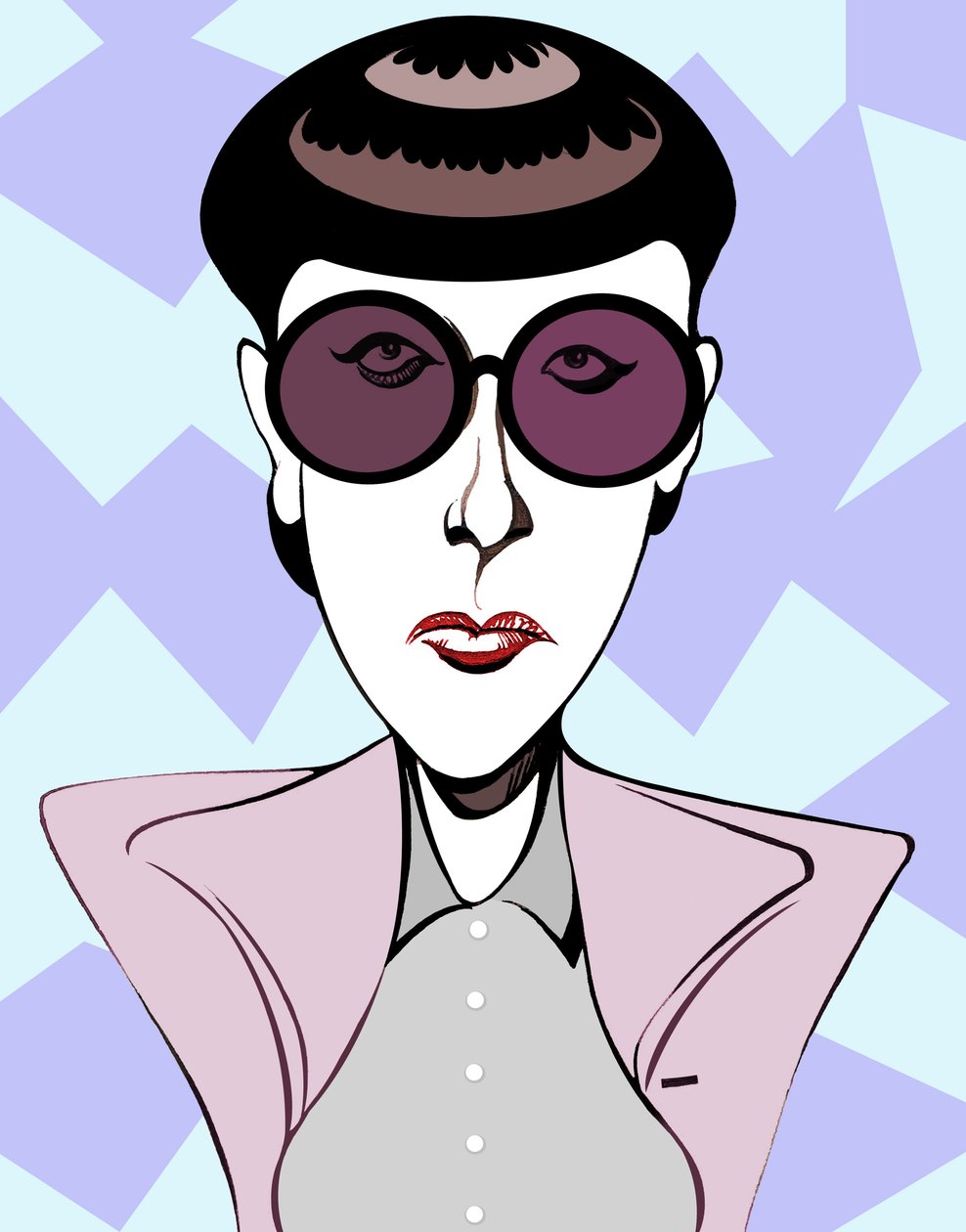 Edith Head, amerikansk kostymdesigner (1907-1981), färgkarikatyr med mörka glasögon. av Neale Osborne