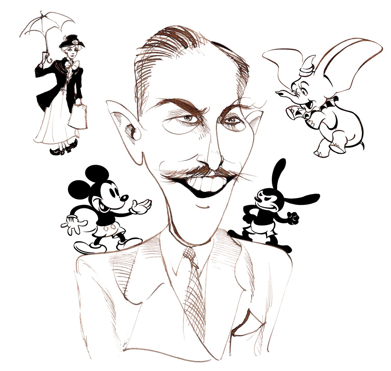 Walt Disney, amerikansk filmproducent, affärsmagnat, serietecknare och animatör; karikerad med Mary Poppins av Neale Osborne