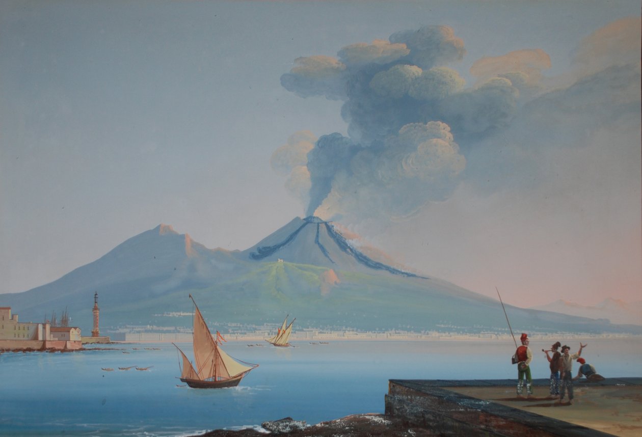 Utsikt över Neapelbukten med Vesuvius (olja på duk) av Neapolitan School