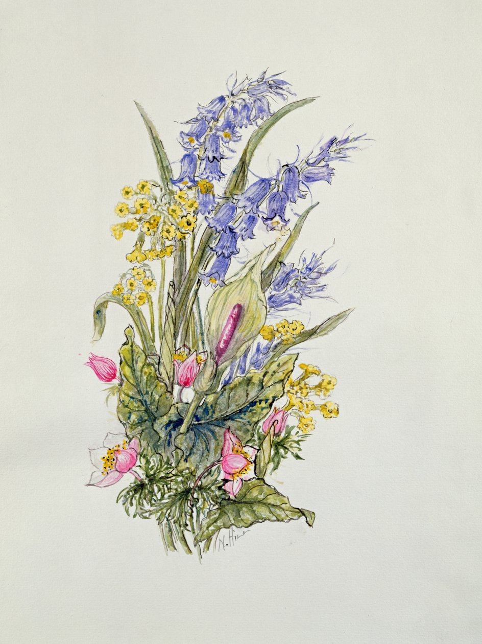 Blåklocka posy med cowslips, dogroses och lilja av Nell Hill