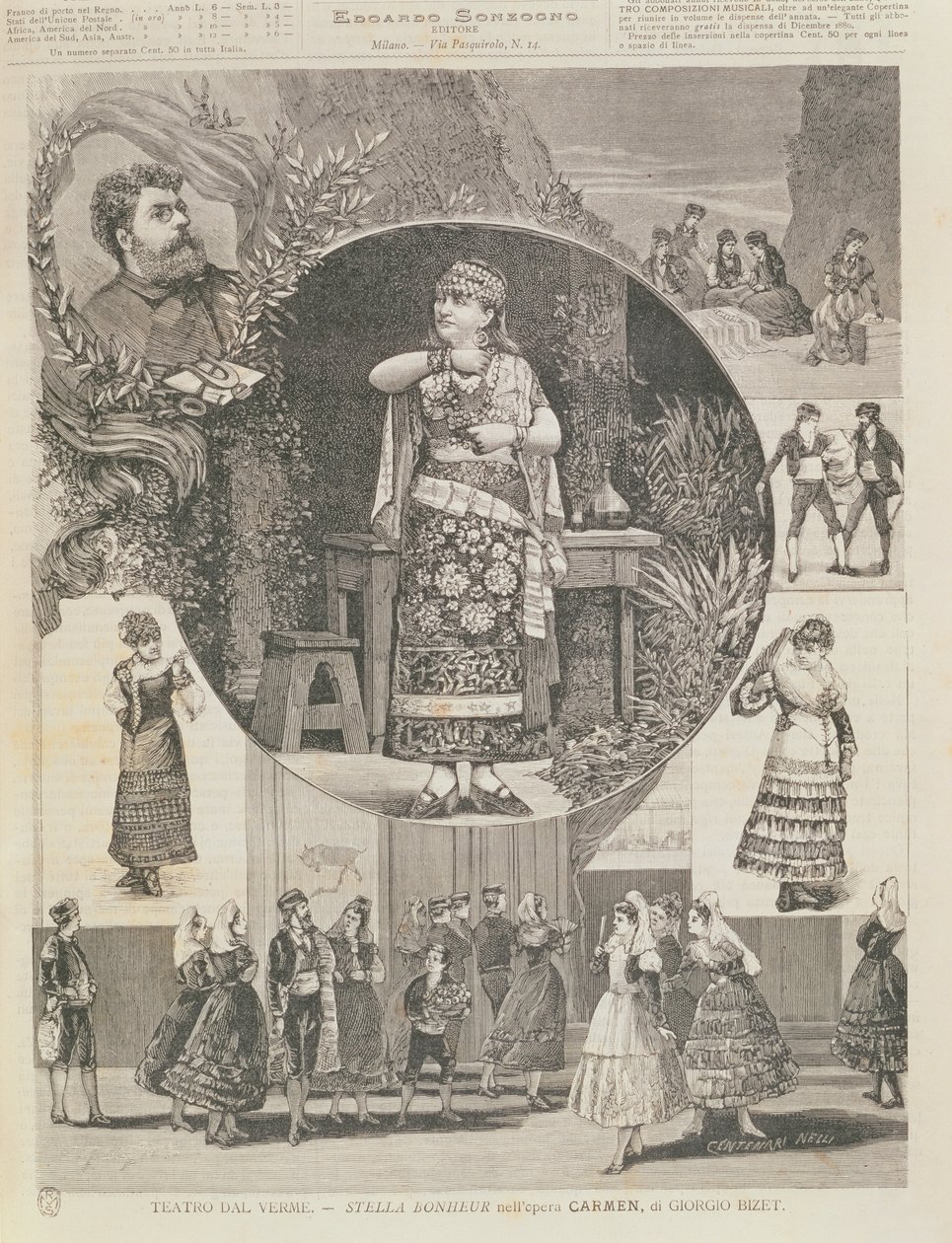 Program för en italiensk produktion av operan "Carmen", av Georges Bizet (1838-75) 1880 av Nelli Centenari