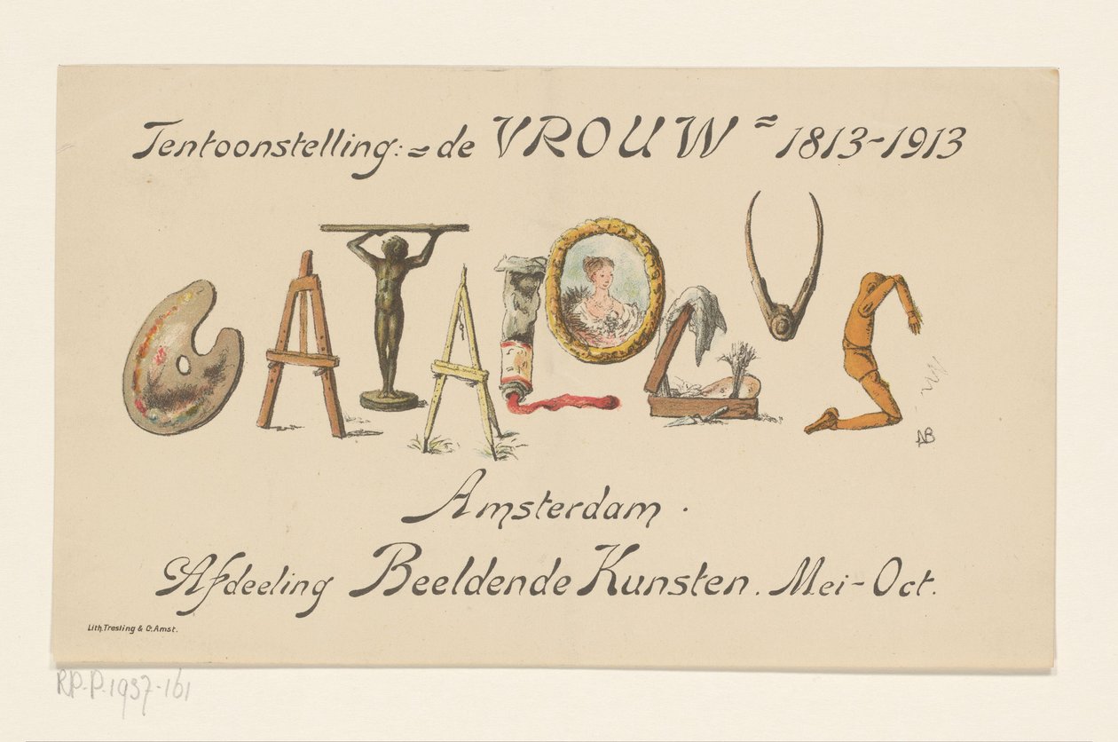 Annonskort för utställningen De Vrouw, 1813-1913 (titel på föremål) av Nelly Bodenheim (signed by artist)