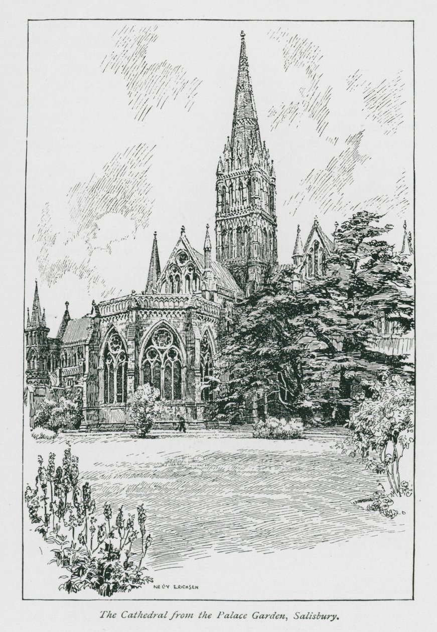 Katedralen från slottsträdgården, Salisbury (litografi) av Nelly Erichsen