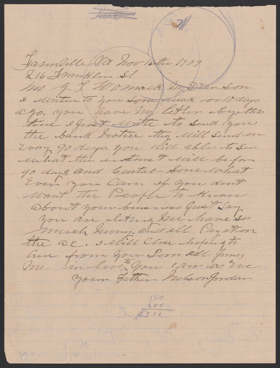 Brev från Nelson Jordan till Julia Womack med ett kuvert, 16 november 1909. av Nelson Jordan