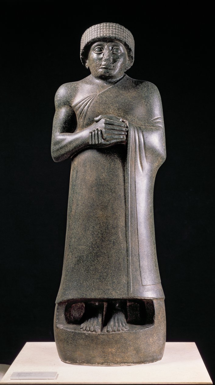 Staty av en kung med knäppta händer, möjligen Gudea, Prince of Lagash, från Telloh (gamla Girsu) c.2130 f.Kr. (diorit) av Neo Sumerian Neo Sumerian