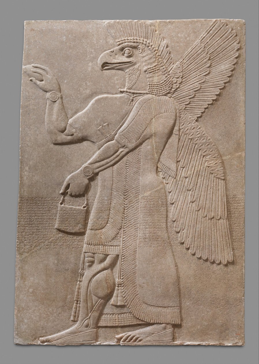 Reliefpanel av bevingad övernaturlig figur med örnhuvud, ca 883-59 f.Kr. (gips alabaster) av Neo Assyrian