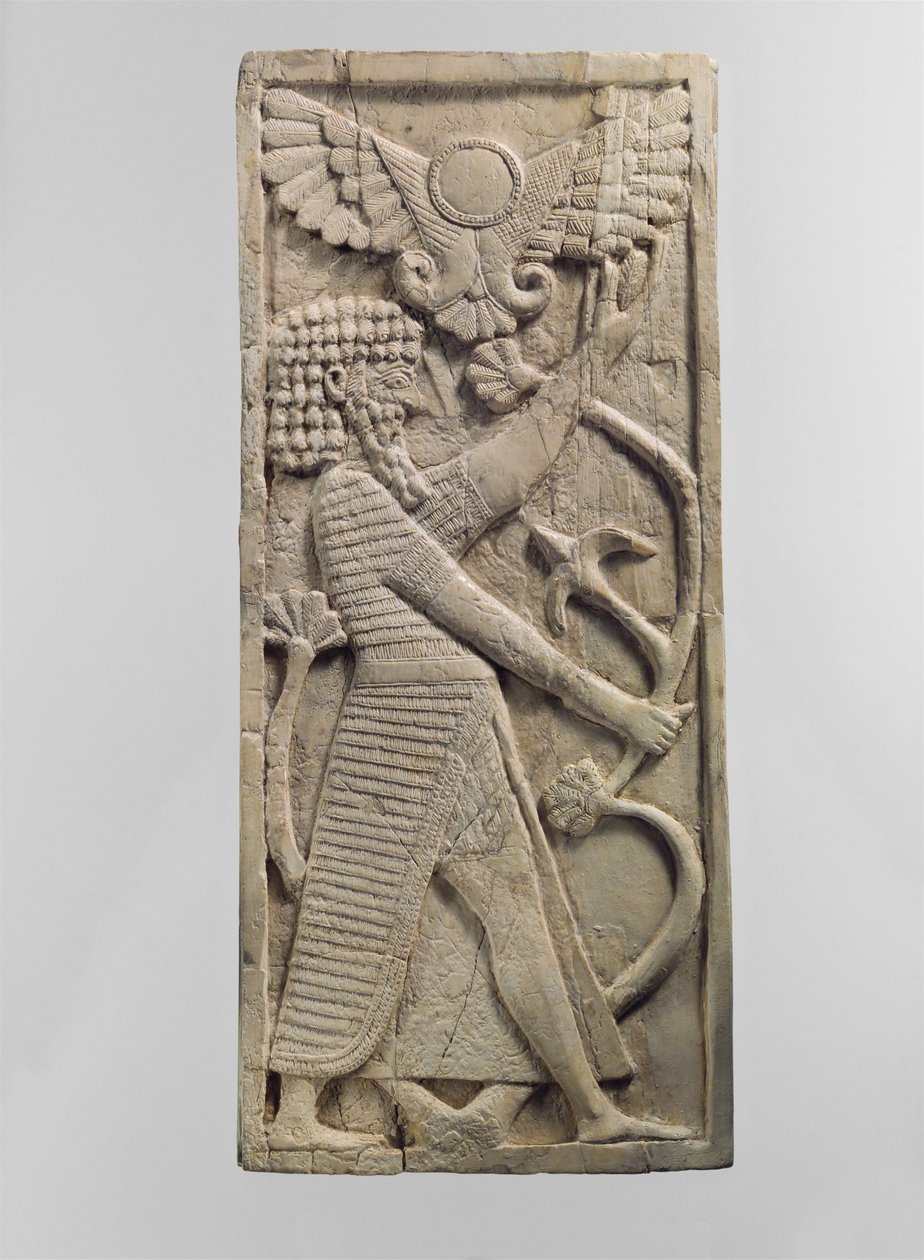 Möbelplakett snidad i relief med en mansfigur som greppar ett träd, c.800-talet f.Kr. (elfenben) av Neo Assyrian Neo Assyrian