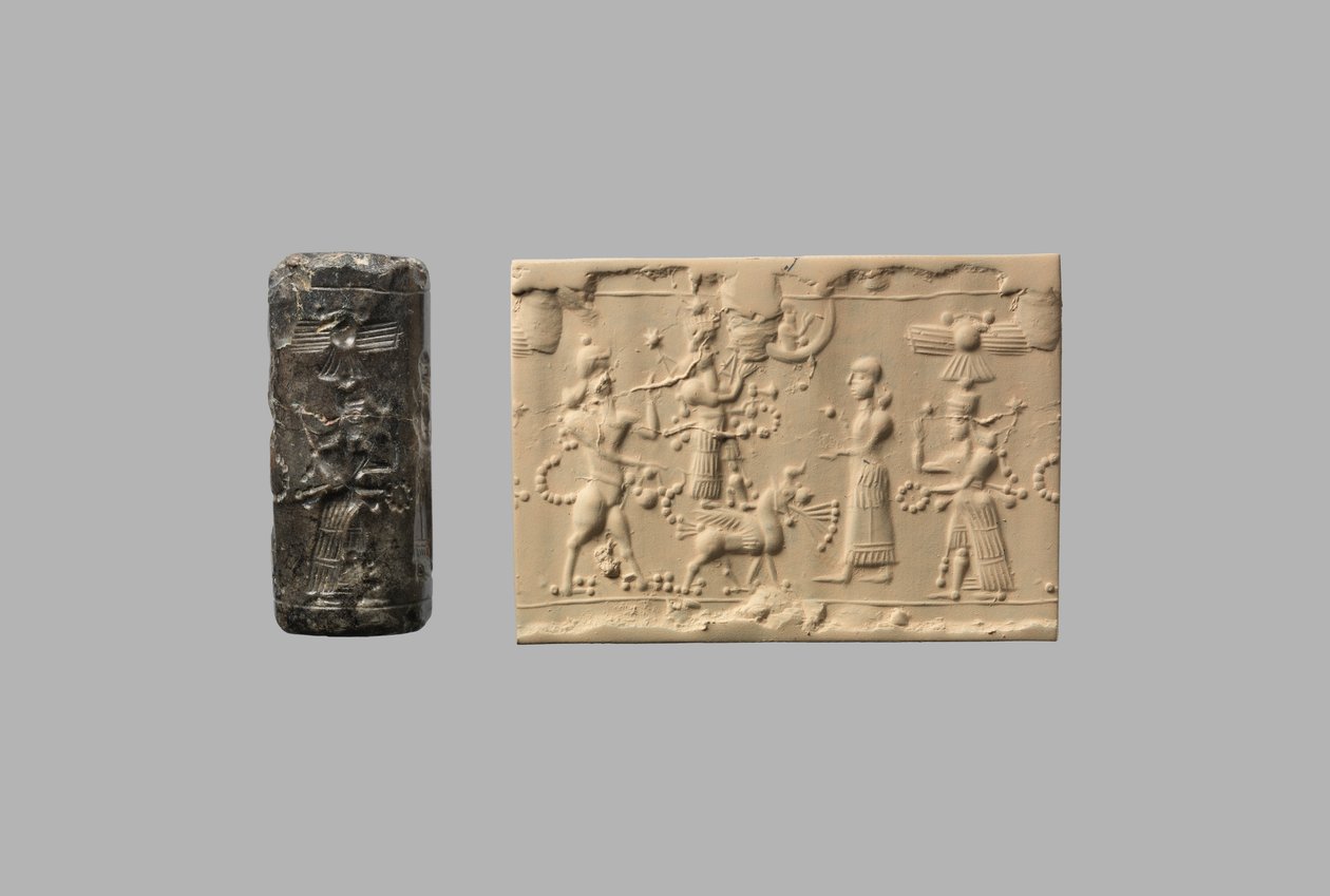 Cylinderförsegling med skorpion-man och modernt intryck, c.700–700-talet f.Kr. (kvarts, kryptokristallin) av Neo Assyrian