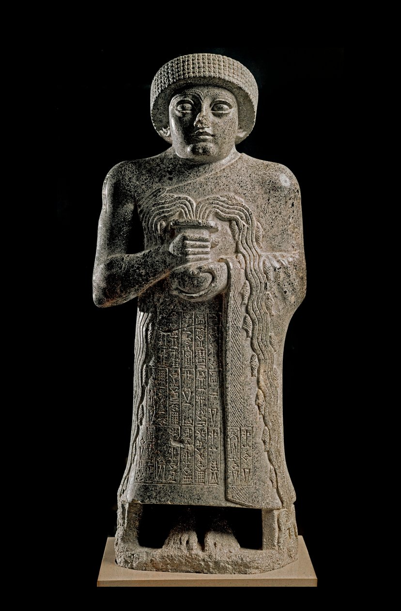 Sumerisk konst: Detalj av statyn av Gudea, prins av Lagash känd som "" med den forsande vasen"" och tillägnad gudinnan Geshtinanna av Neo Sumerian Neo Sumerian