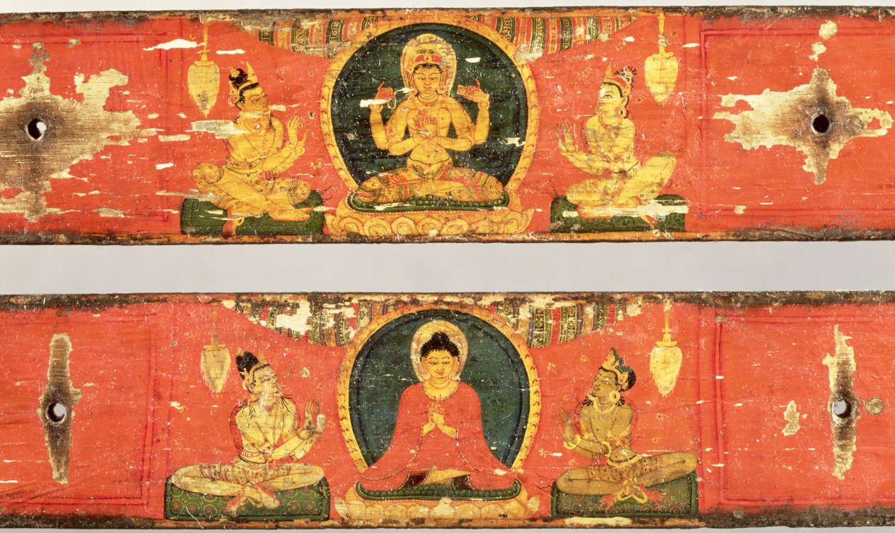 Sittande Bodhisattva (Prajnaparamita) (överst) och Buddha omgiven av en mandorla (nedan) detalj från Sutra-omslag, c.1100 (polykromt trä) (detalj av 114238) av Nepalese School