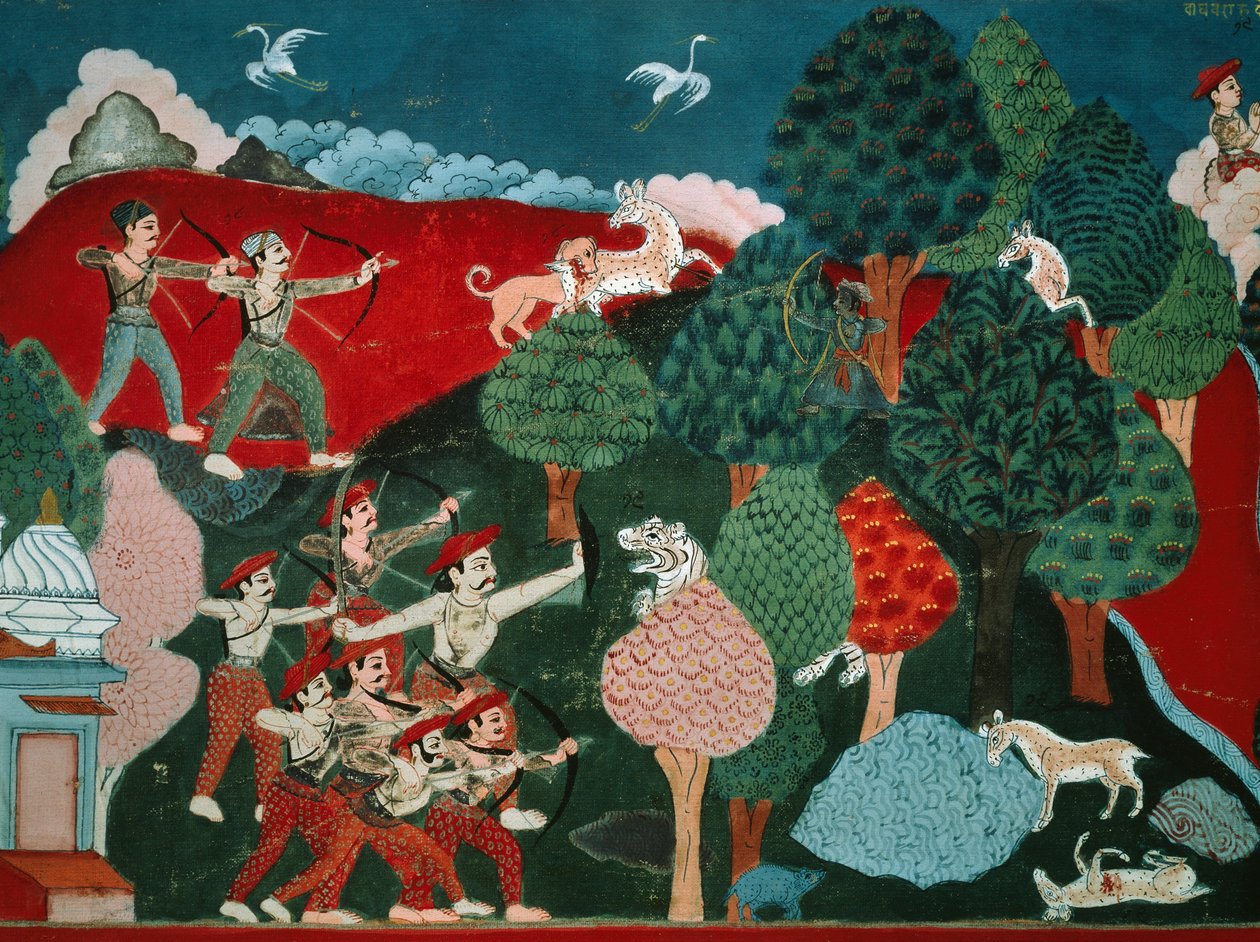 En kung som tillbringar sina dagar med att döda fattiga gaseller utan anledning, senare, i ett annat liv, är han gasell och dödas av jägare, detalj från Swayambhu Purana, viktig buddhistisk helig text i Nepal, gouache, nepalesisk civilisation av Nepalese School