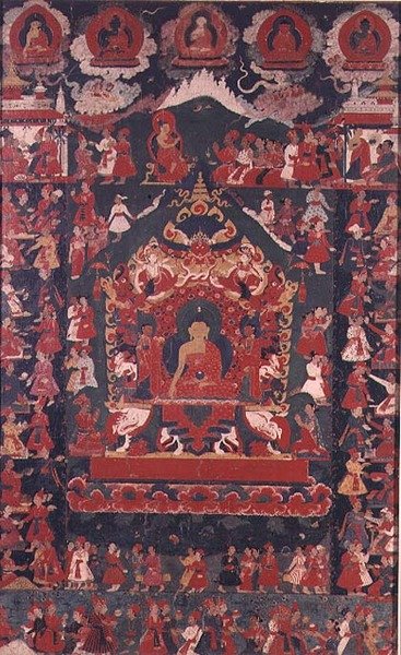 Buddha inviger praxis att ta emot allmosor, från "The Prabha" (hängande rulle) av Nepalese School