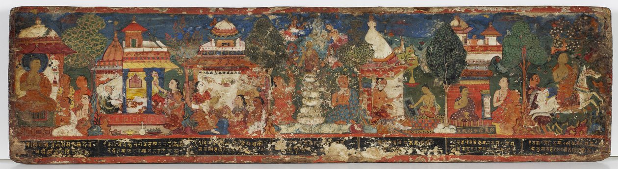Buddhistiskt manuskriptomslag (ogenomskinlig wc på trä) av Nepalese School