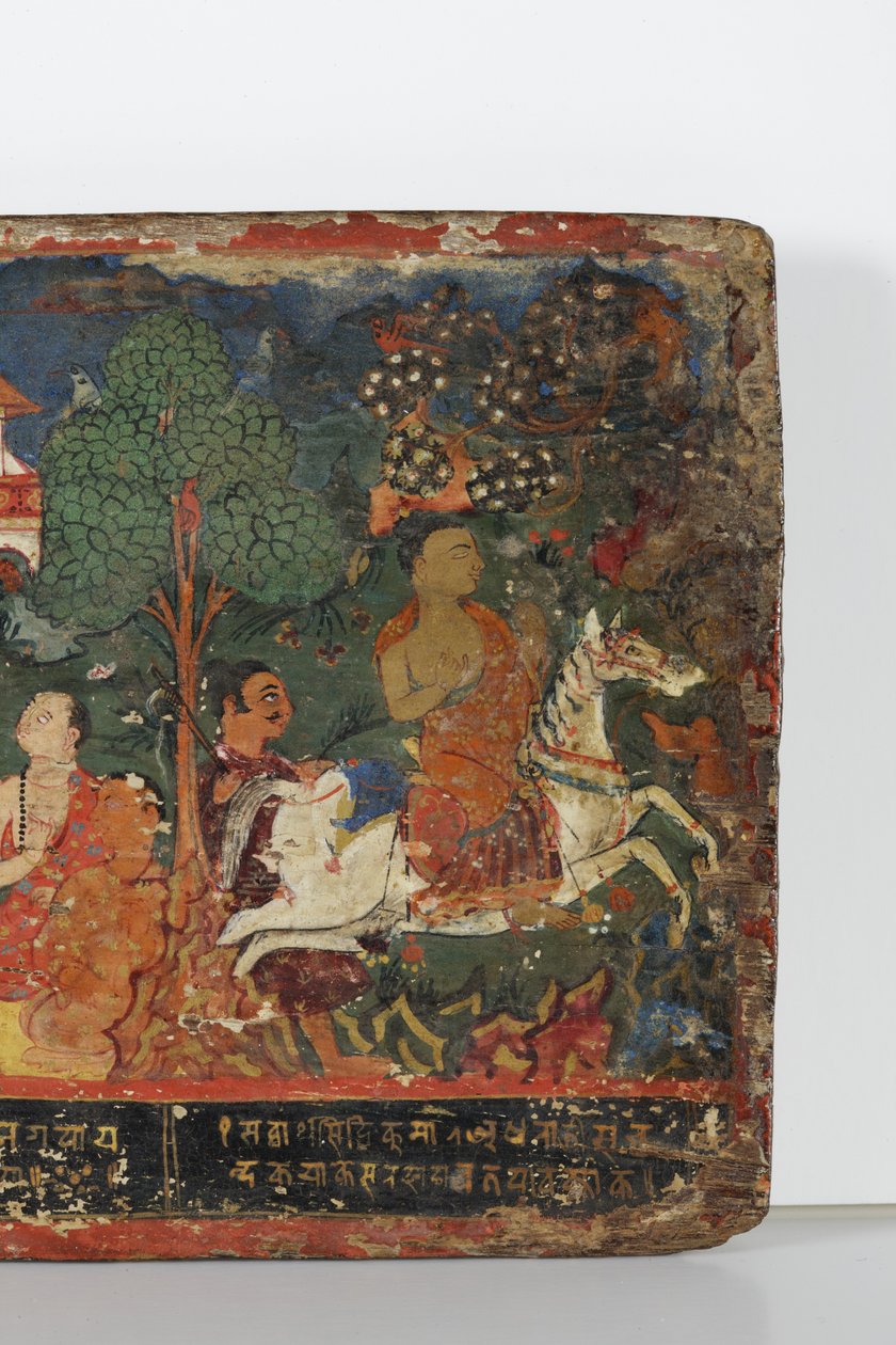 Detalj från ett buddhistiskt manuskriptomslag (ogenomskinlig akvarell på trä) av Nepalese School