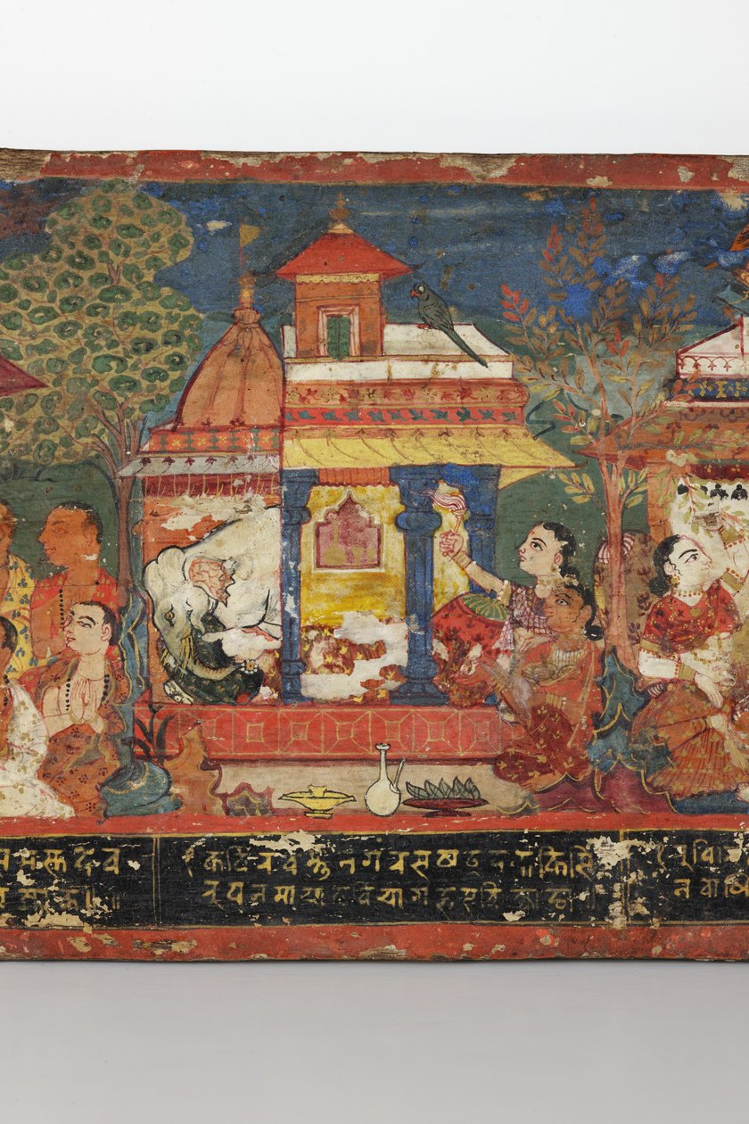 Detalj från ett buddhistiskt manuskriptomslag (ogenomskinlig wc på trä) av Nepalese School