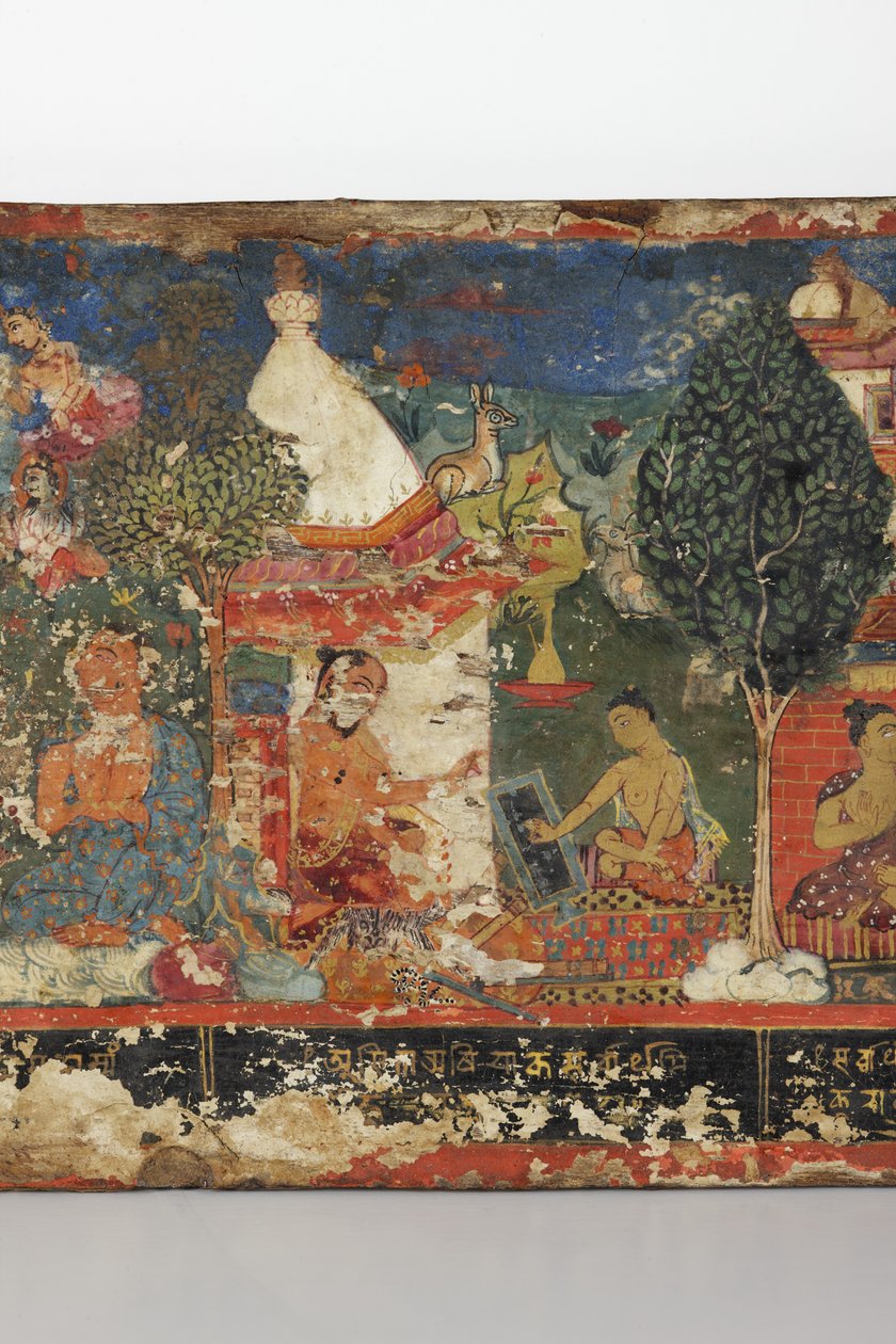 Detalj från ett buddhistiskt manuskriptomslag (ogenomskinlig wc på trä) av Nepalese School