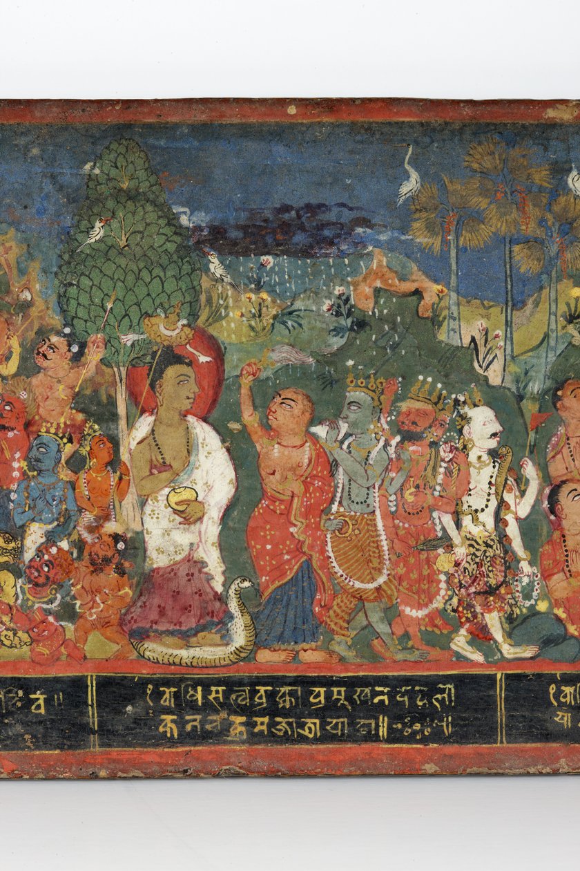 Detalj från ett buddhistiskt manuskriptomslag (ogenomskinlig wc på trä) av Nepalese School