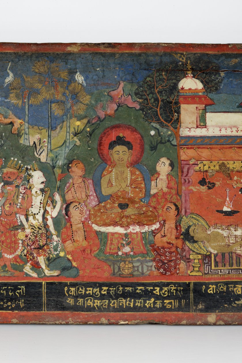 Detalj från ett buddhistiskt manuskriptomslag (ogenomskinlig wc på trä) av Nepalese School
