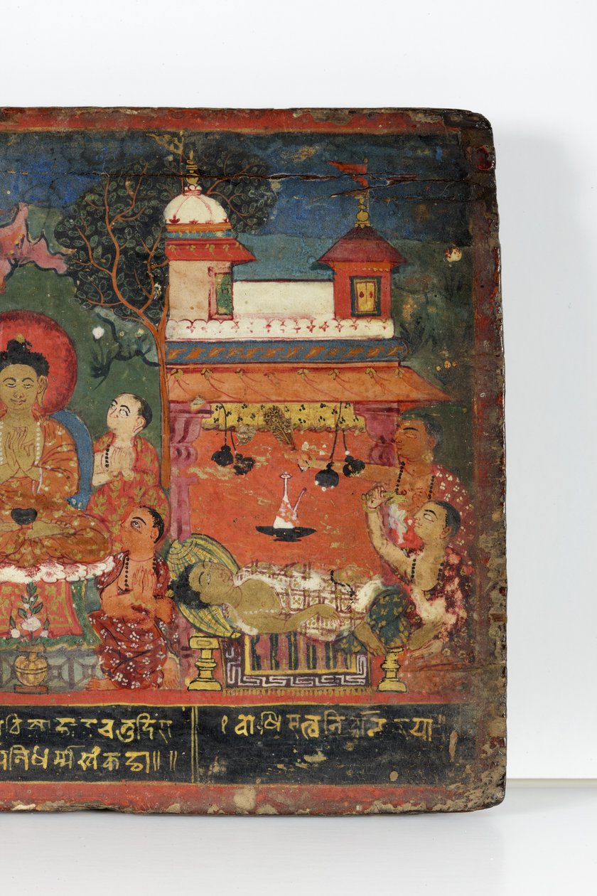 Detalj från ett buddhistiskt manuskriptomslag (ogenomskinlig wc på trä) av Nepalese School