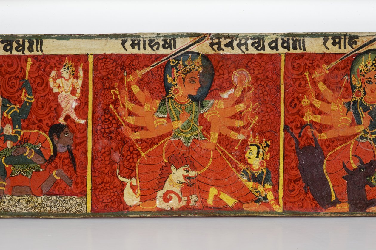 Detalj från ett Devimahatmya-manuskriptomslag (ogenomskinlig wc på trä) av Nepalese School