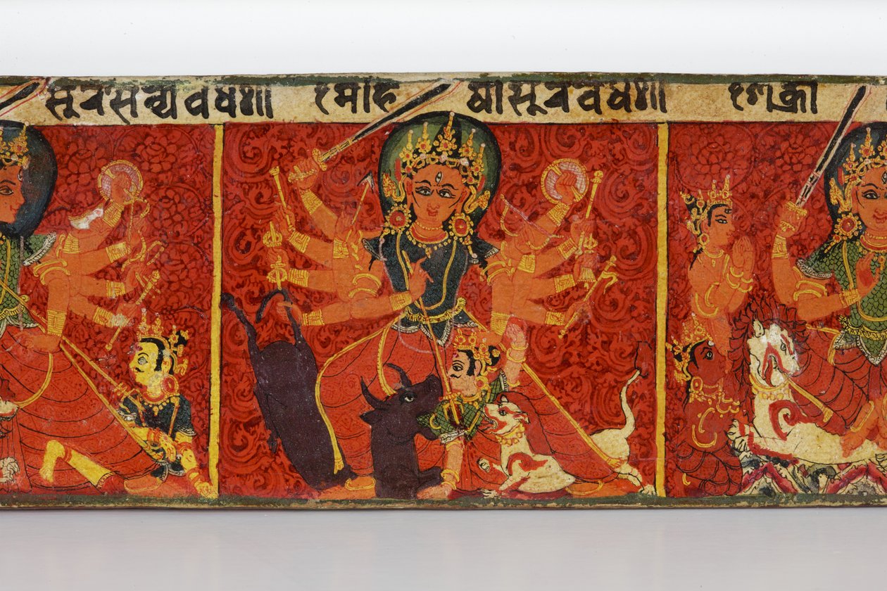 Detalj från ett Devimahatmya-manuskriptomslag (ogenomskinlig wc på trä) av Nepalese School