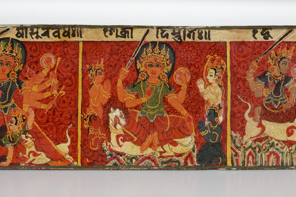 Detalj från ett Devimahatmya-manuskriptomslag (ogenomskinlig wc på trä) av Nepalese School