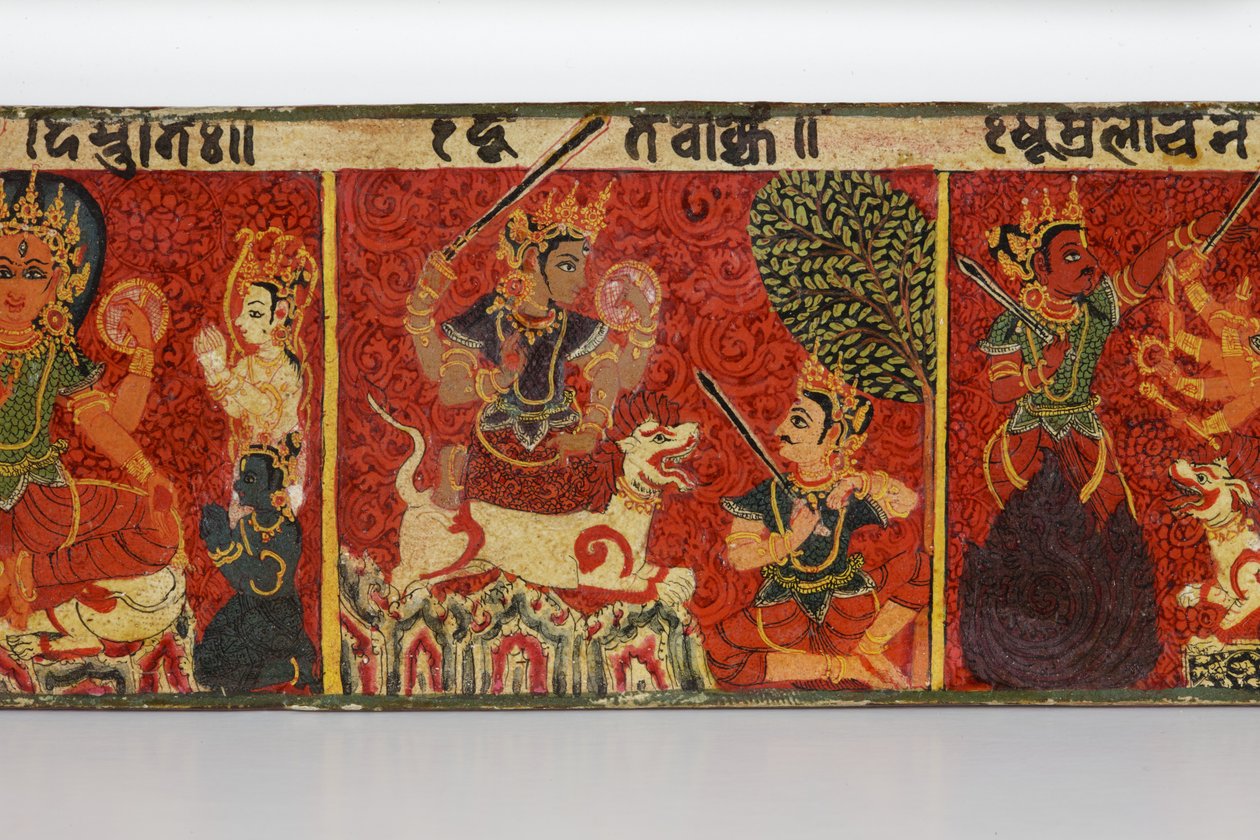 Detalj från ett Devimahatmya-manuskriptomslag (ogenomskinlig wc på trä) av Nepalese School