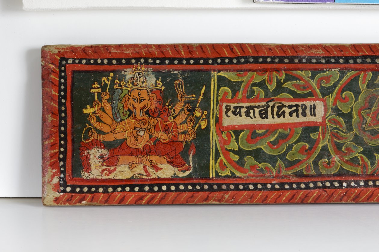 Detalj från ett Devimahatmya-manuskriptomslag (ogenomskinlig wc på trä) av Nepalese School
