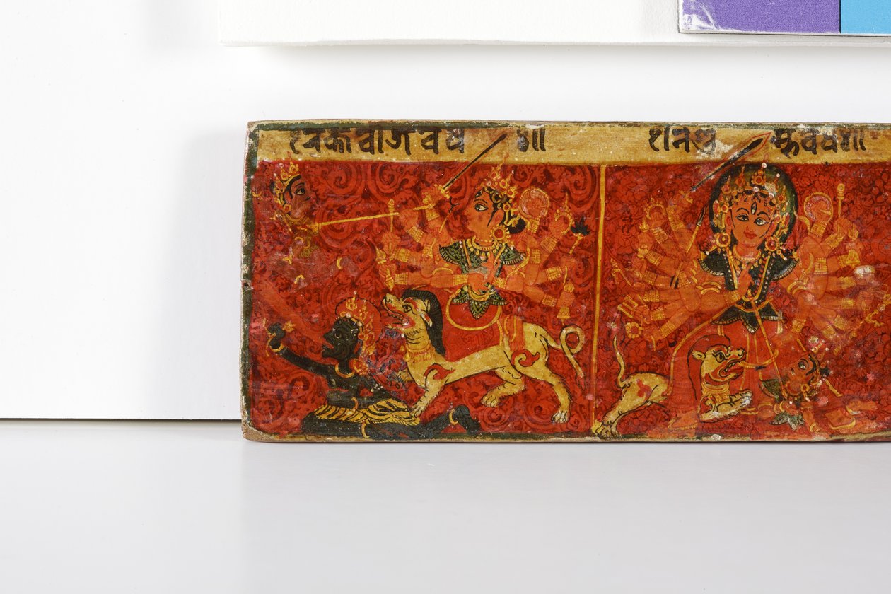 Detalj från ett Devimahatmya-manuskriptomslag (ogenomskinlig wc på trä) av Nepalese School