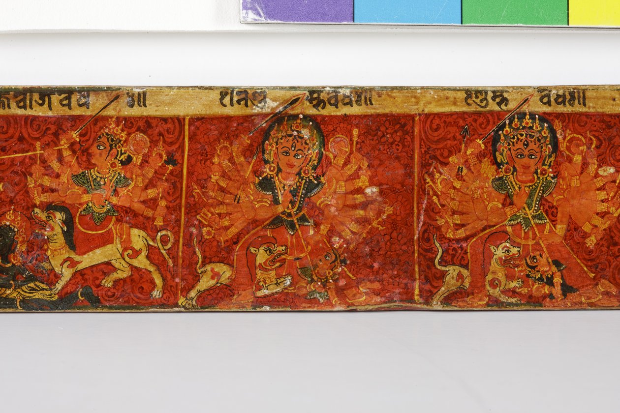 Detalj från ett Devimahatmya-manuskriptomslag (ogenomskinlig wc på trä) av Nepalese School
