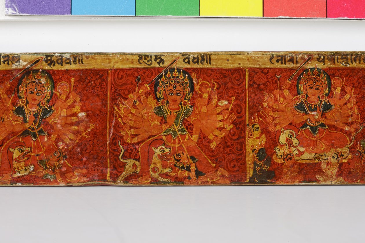 Detalj från ett Devimahatmya-manuskriptomslag (ogenomskinlig wc på trä) av Nepalese School