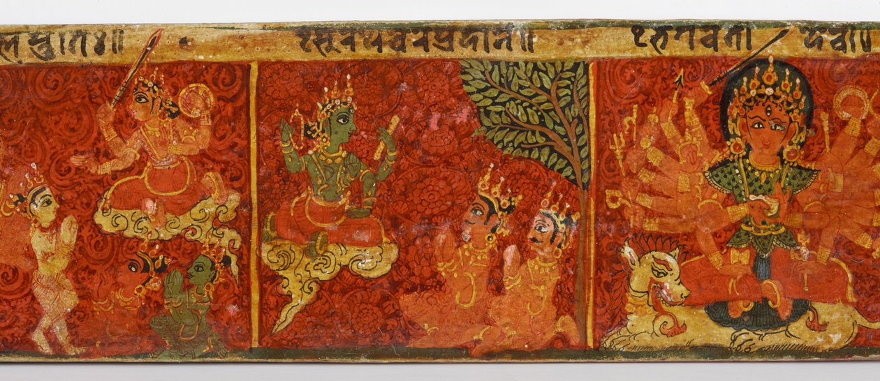 Detalj från ett Devimahatmya-manuskriptomslag (ogenomskinlig wc på trä) av Nepalese School