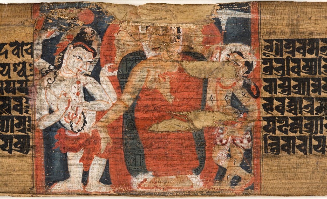 Folio 126b Buddhas Nedstigning från himlen, från Astasahasrika Prajnaparamita (bläck & färger på palmblad och trä) (detalj av 430762) av Nepalese School